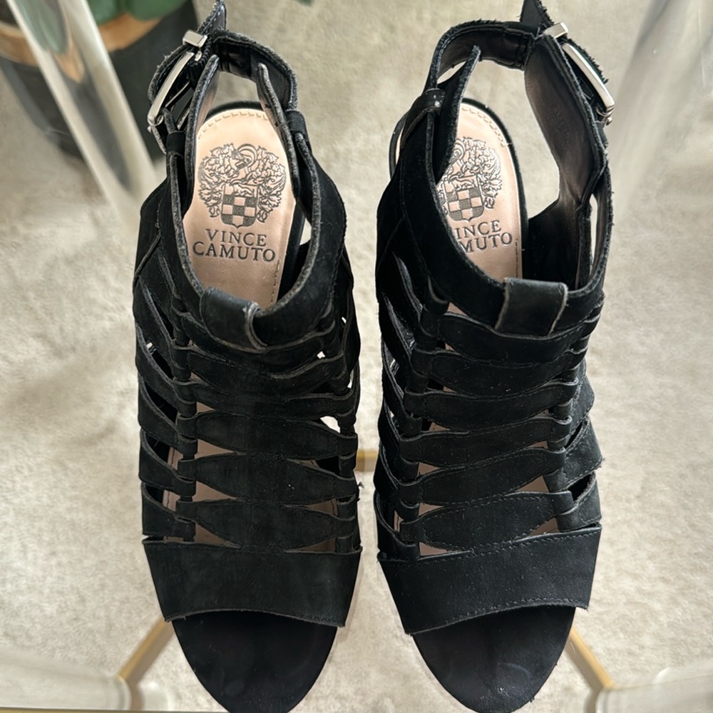 Vince Camuto black suede strappy low heels